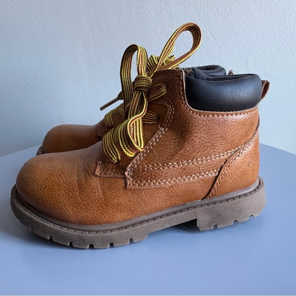 Brown Kids Work Boots with Yellow Laces, Size 10 Toddler